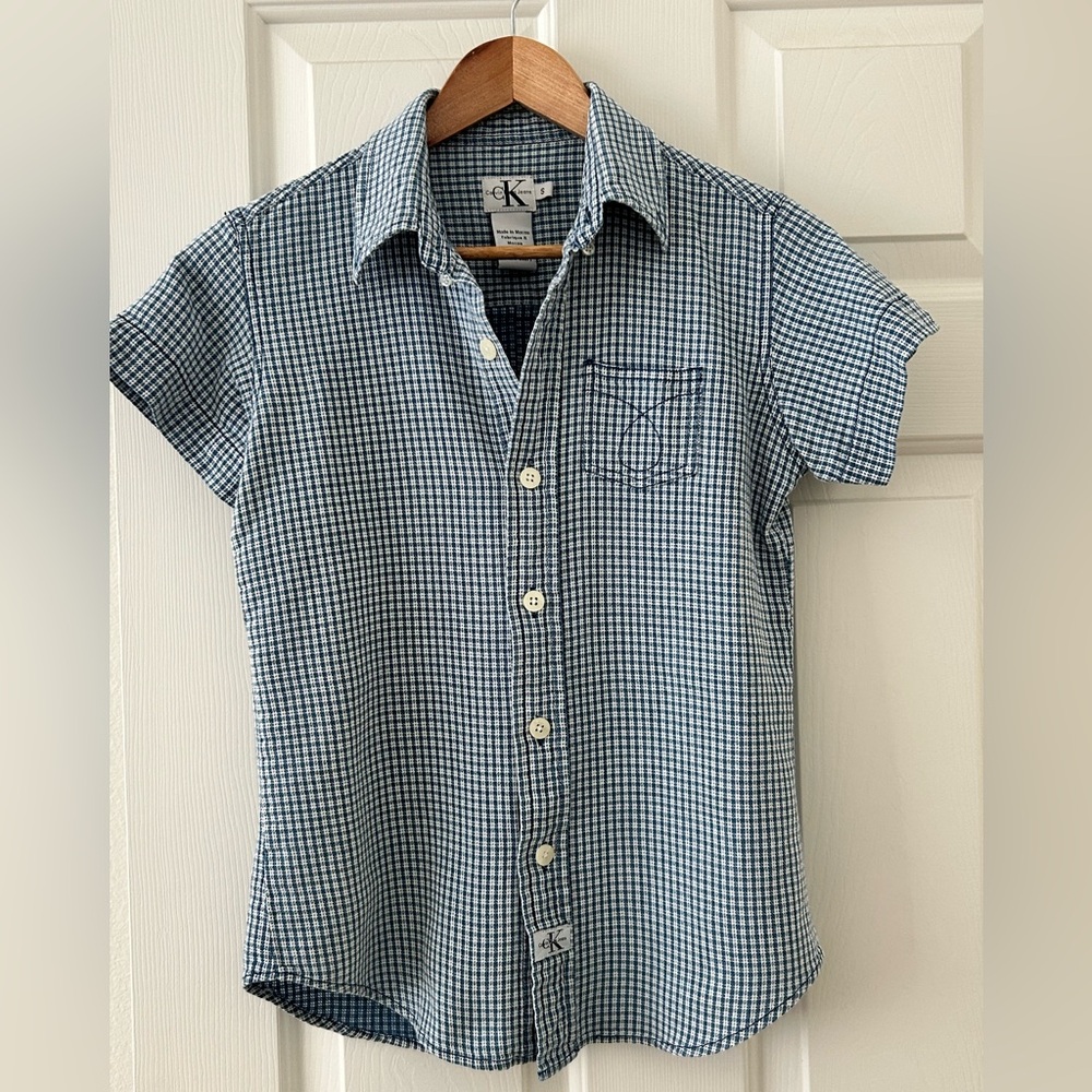 Calvin Klein Jeans Womens Top Short Sleeve Button Up 100% Cotton Blue & White